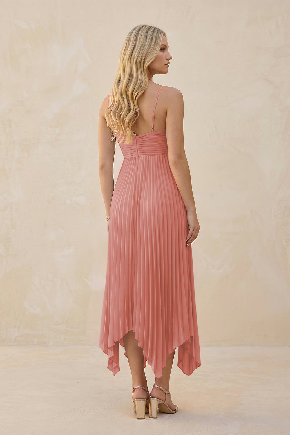 Spaghetti Strap Pleated A-Line Chiffon Midi Bridesmaid Dress in Mulberry