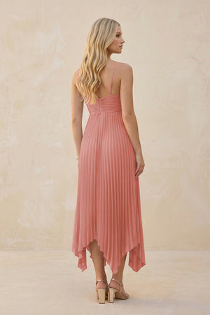 Spaghetti Strap Pleated A-Line Chiffon Midi Bridesmaid Dress in Mulberry (2) | KISSBRIDAL
