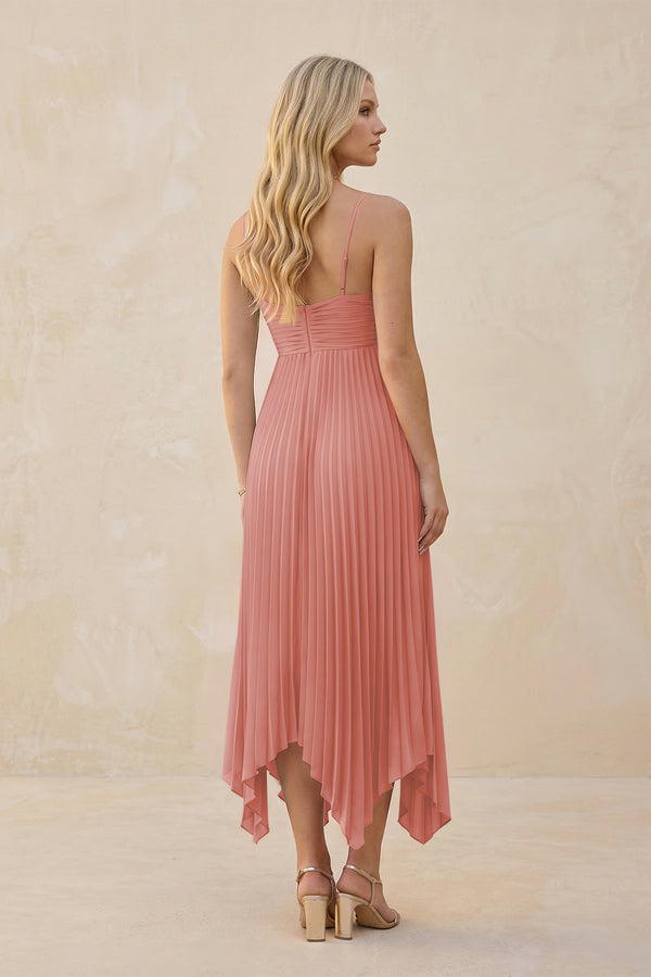 Spaghetti Strap Pleated A-Line Chiffon Midi Bridesmaid Dress in Mulberry (2) | KISSBRIDAL