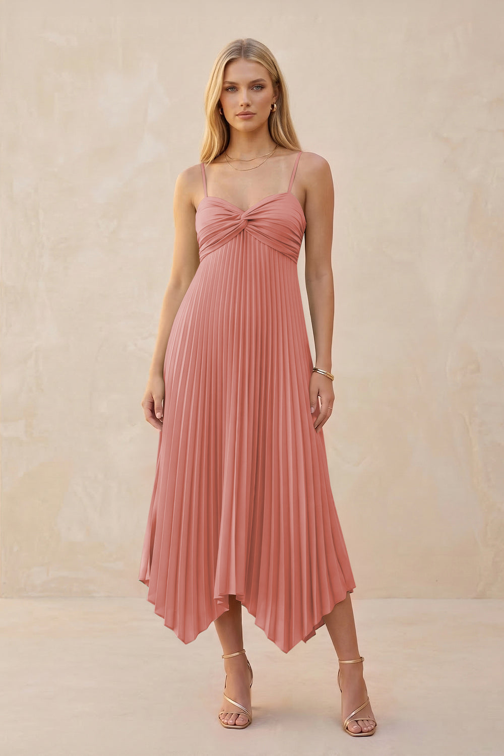 Spaghetti Strap Pleated A-Line Chiffon Midi Bridesmaid Dress in Mulberry