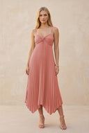 Spaghetti Strap Pleated A-Line Chiffon Midi Bridesmaid Dress in Mulberry | KISSBRIDAL
