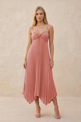 Spaghetti Strap Pleated A-Line Chiffon Midi Bridesmaid Dress in Mulberry | KISSBRIDAL