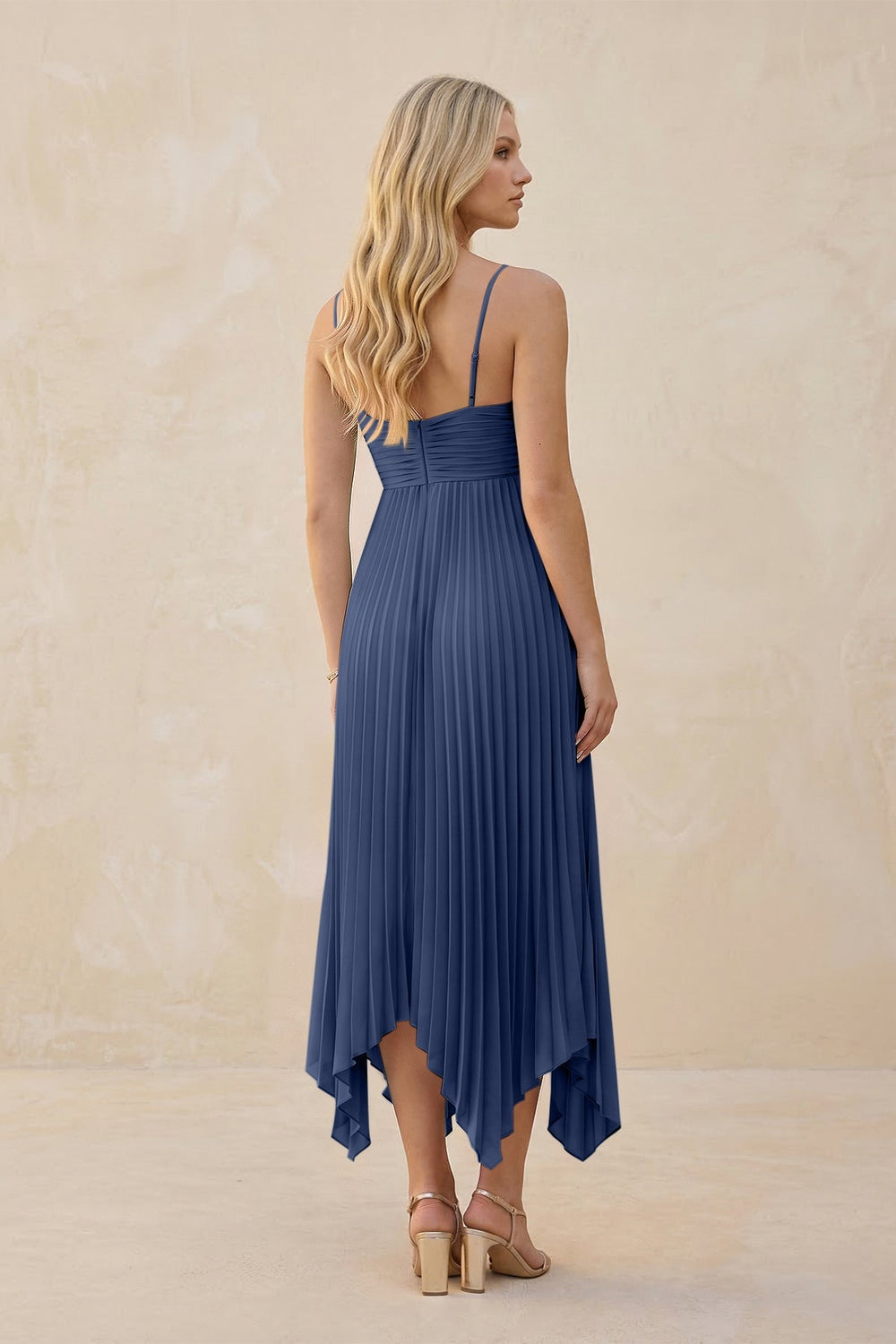 Spaghetti Strap Pleated A - Line Chiffon Midi Bridesmaid Dress in Navy - KISS BRIDAL Bridesmaid Dresses