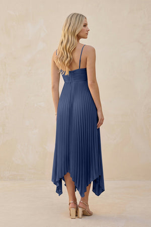 Spaghetti Strap Pleated A - Line Chiffon Midi Bridesmaid Dress in Navy - KISS BRIDAL Bridesmaid Dresses