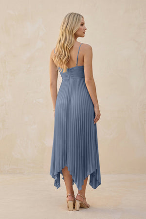 Spaghetti Strap Pleated A - Line Chiffon Midi Bridesmaid Dress in Neptune - KISS BRIDAL Bridesmaid Dresses