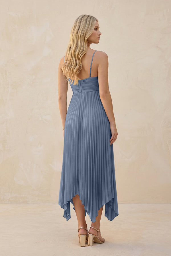Spaghetti Strap Pleated A - Line Chiffon Midi Bridesmaid Dress in Neptune - KISS BRIDAL Bridesmaid Dresses
