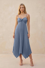 Spaghetti Strap Pleated A - Line Chiffon Midi Bridesmaid Dress in Neptune - KISS BRIDAL Bridesmaid Dresses