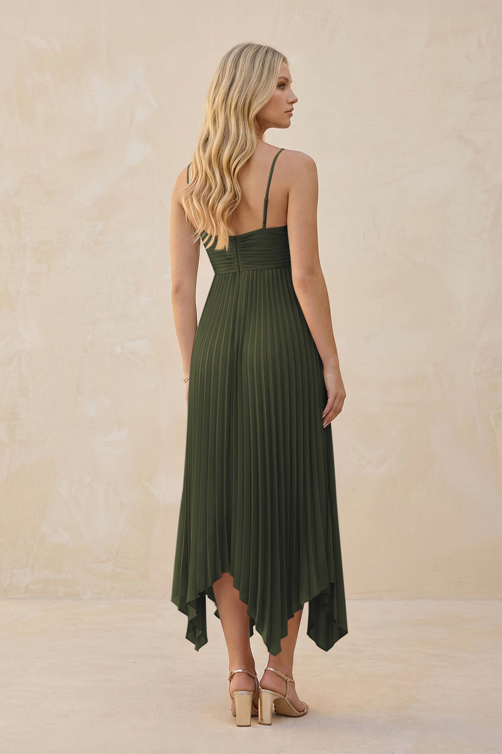 Spaghetti Strap Pleated A-Line Chiffon Midi Bridesmaid Dress in Olive