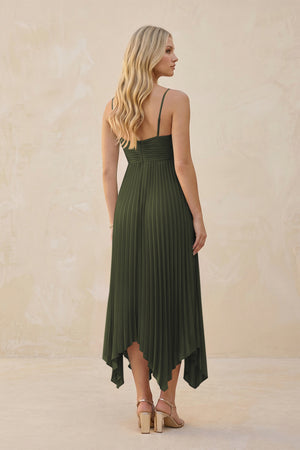 Spaghetti Strap Pleated A-Line Chiffon Midi Bridesmaid Dress in Olive (2) | KISSBRIDAL