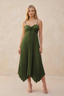 Spaghetti Strap Pleated A - Line Chiffon Midi Bridesmaid Dress in Olive - SHE IS ME Bridesmaid Dresses