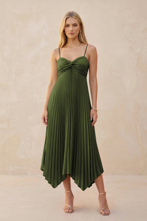 Spaghetti Strap Pleated A - Line Chiffon Midi Bridesmaid Dress in Olive - SHE IS ME Bridesmaid Dresses