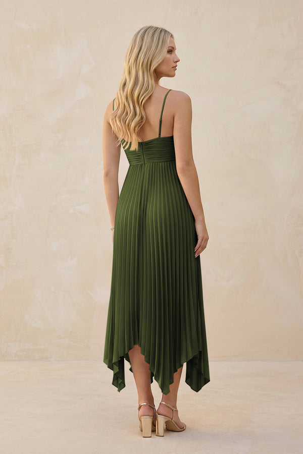 Spaghetti Strap Pleated A - Line Chiffon Midi Bridesmaid Dress in Olive - SHE IS ME Bridesmaid Dresses