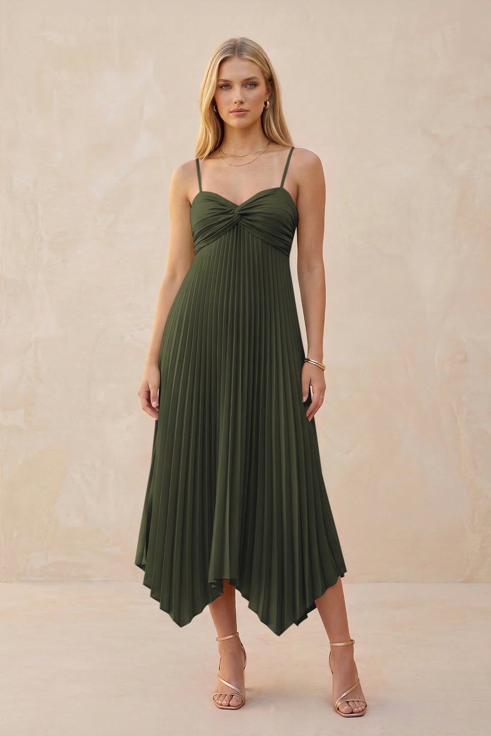 Spaghetti Strap Pleated A-Line Chiffon Midi Bridesmaid Dress in Olive
