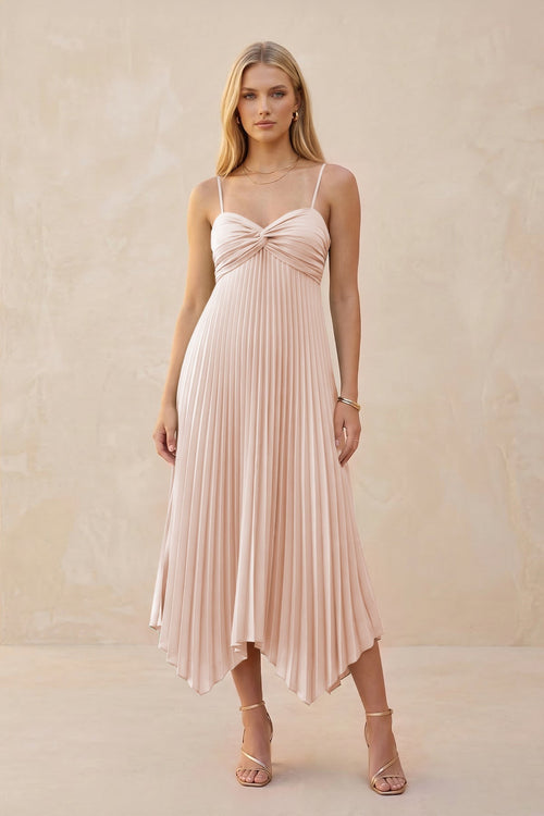 Spaghetti Strap Pleated A - Line Chiffon Midi Bridesmaid Dress in Pale Blush - KISS BRIDAL Bridesmaid Dresses