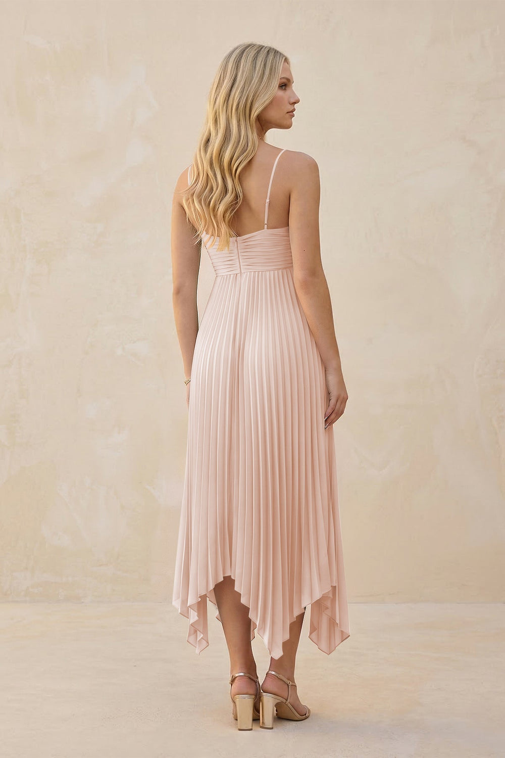 Spaghetti Strap Pleated A - Line Chiffon Midi Bridesmaid Dress in Pale Blush - KISS BRIDAL Bridesmaid Dresses