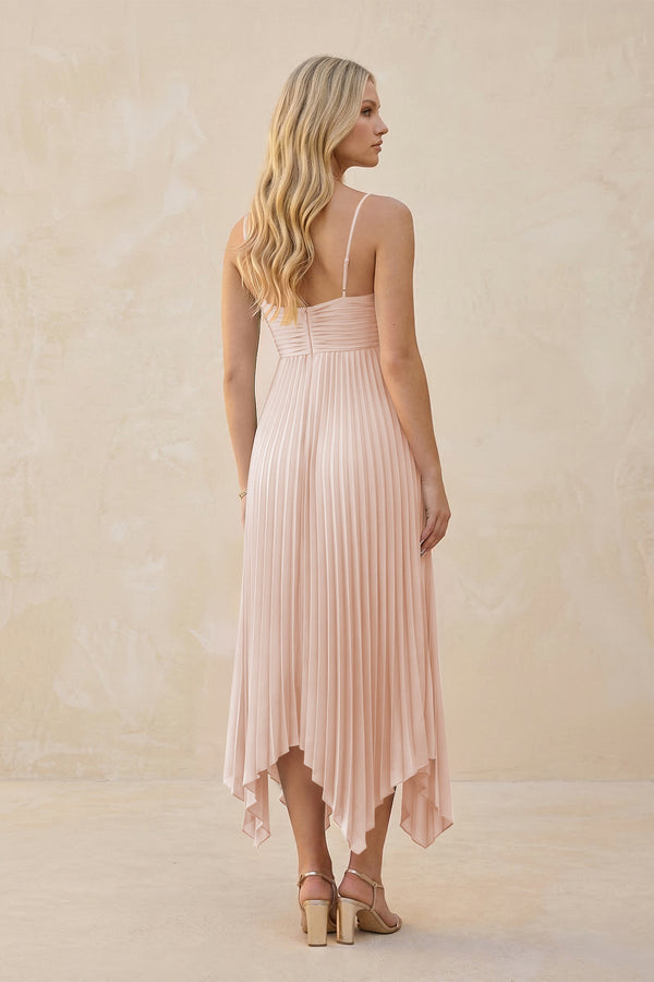 Spaghetti Strap Pleated A - Line Chiffon Midi Bridesmaid Dress in Pale Blush - KISS BRIDAL Bridesmaid Dresses