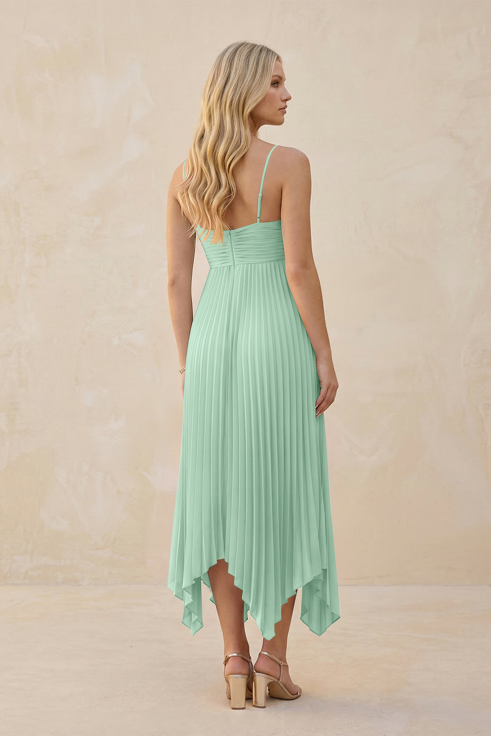 Spaghetti Strap Pleated A-Line Chiffon Midi Bridesmaid Dress in Pale Pistachio