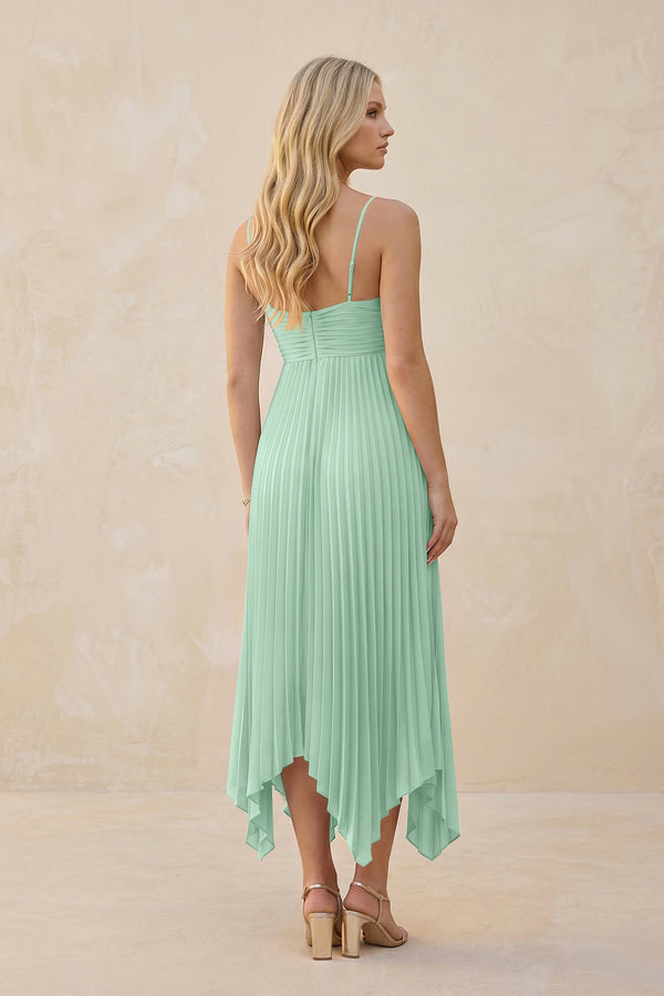 Spaghetti Strap Pleated A-Line Chiffon Midi Bridesmaid Dress in Pale Pistachio (2) | KISSBRIDAL