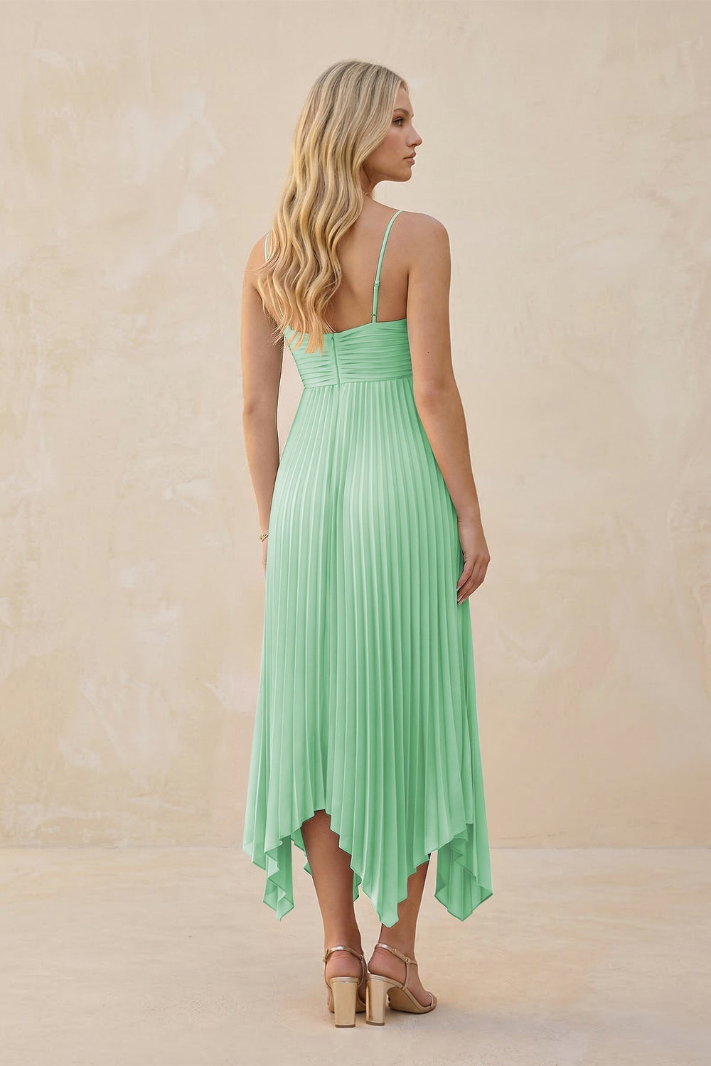 Spaghetti Strap Pleated A - Line Chiffon Midi Bridesmaid Dress in Pale Pistachio - KISS BRIDAL Bridesmaid Dresses