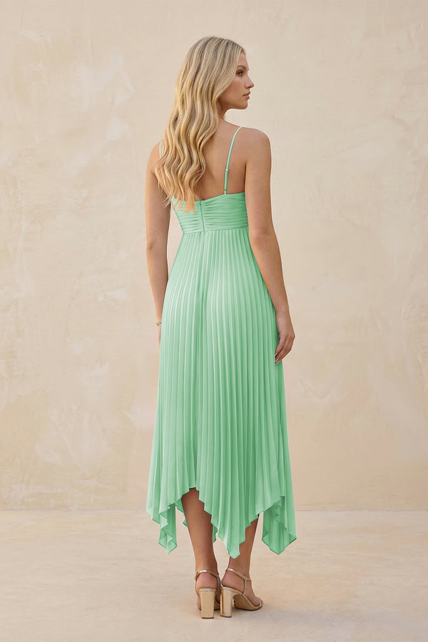 Spaghetti Strap Pleated A - Line Chiffon Midi Bridesmaid Dress in Pale Pistachio - KISS BRIDAL Bridesmaid Dresses