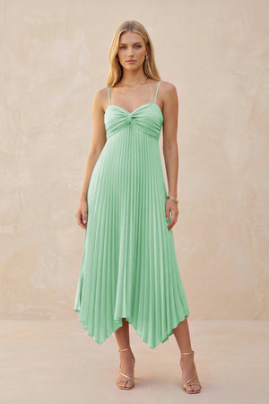 Spaghetti Strap Pleated A - Line Chiffon Midi Bridesmaid Dress in Pale Pistachio - KISS BRIDAL Bridesmaid Dresses