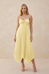 Spaghetti Strap Pleated A - Line Chiffon Midi Bridesmaid Dress in Pastel Yellow - KISS BRIDAL Bridesmaid Dresses