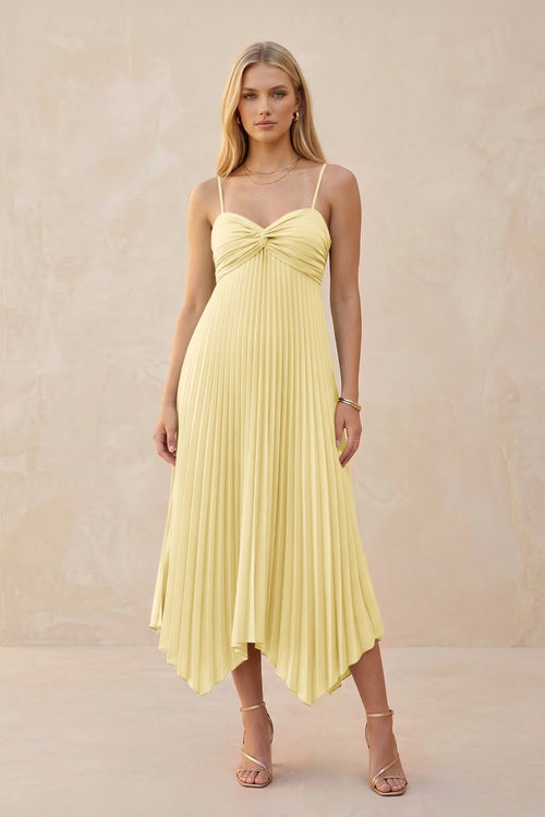 Spaghetti Strap Pleated A - Line Chiffon Midi Bridesmaid Dress in Pastel Yellow - KISS BRIDAL Bridesmaid Dresses