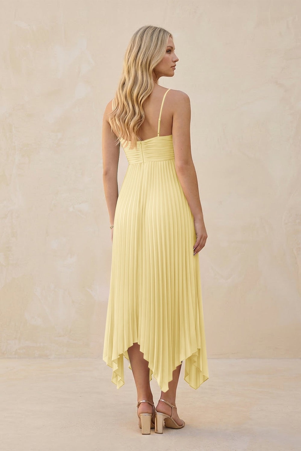 Spaghetti Strap Pleated A - Line Chiffon Midi Bridesmaid Dress in Pastel Yellow - KISS BRIDAL Bridesmaid Dresses