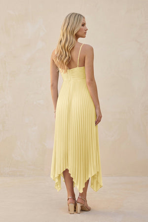 Spaghetti Strap Pleated A - Line Chiffon Midi Bridesmaid Dress in Pastel Yellow - KISS BRIDAL Bridesmaid Dresses