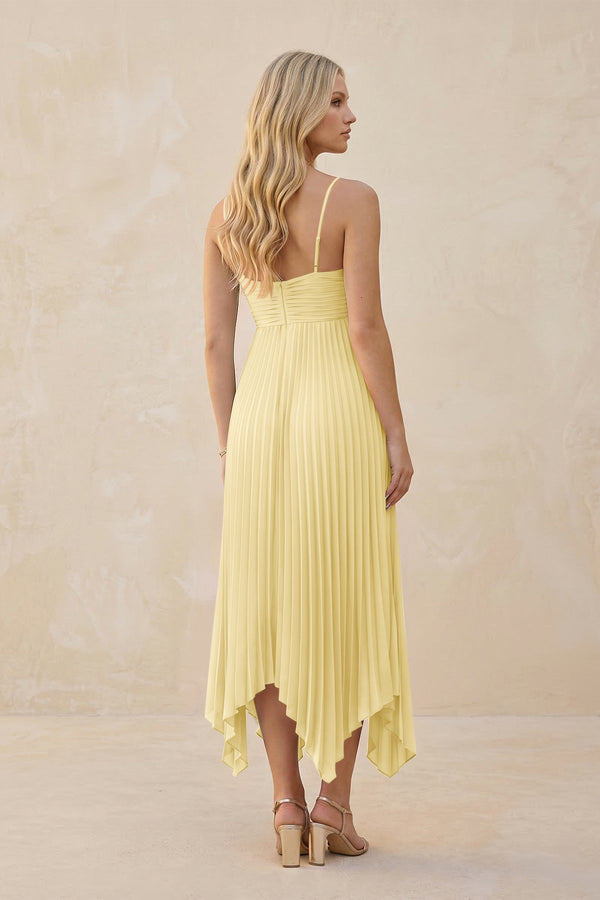 Spaghetti Strap Pleated A - Line Chiffon Midi Bridesmaid Dress in Pastel Yellow - KISS BRIDAL Bridesmaid Dresses
