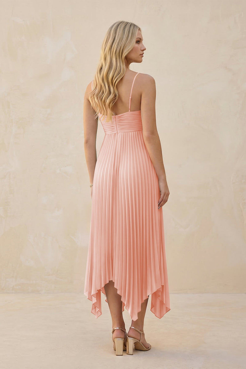 Spaghetti Strap Pleated A - Line Chiffon Midi Bridesmaid Dress in Rose Petal - KISS BRIDAL Bridesmaid Dresses