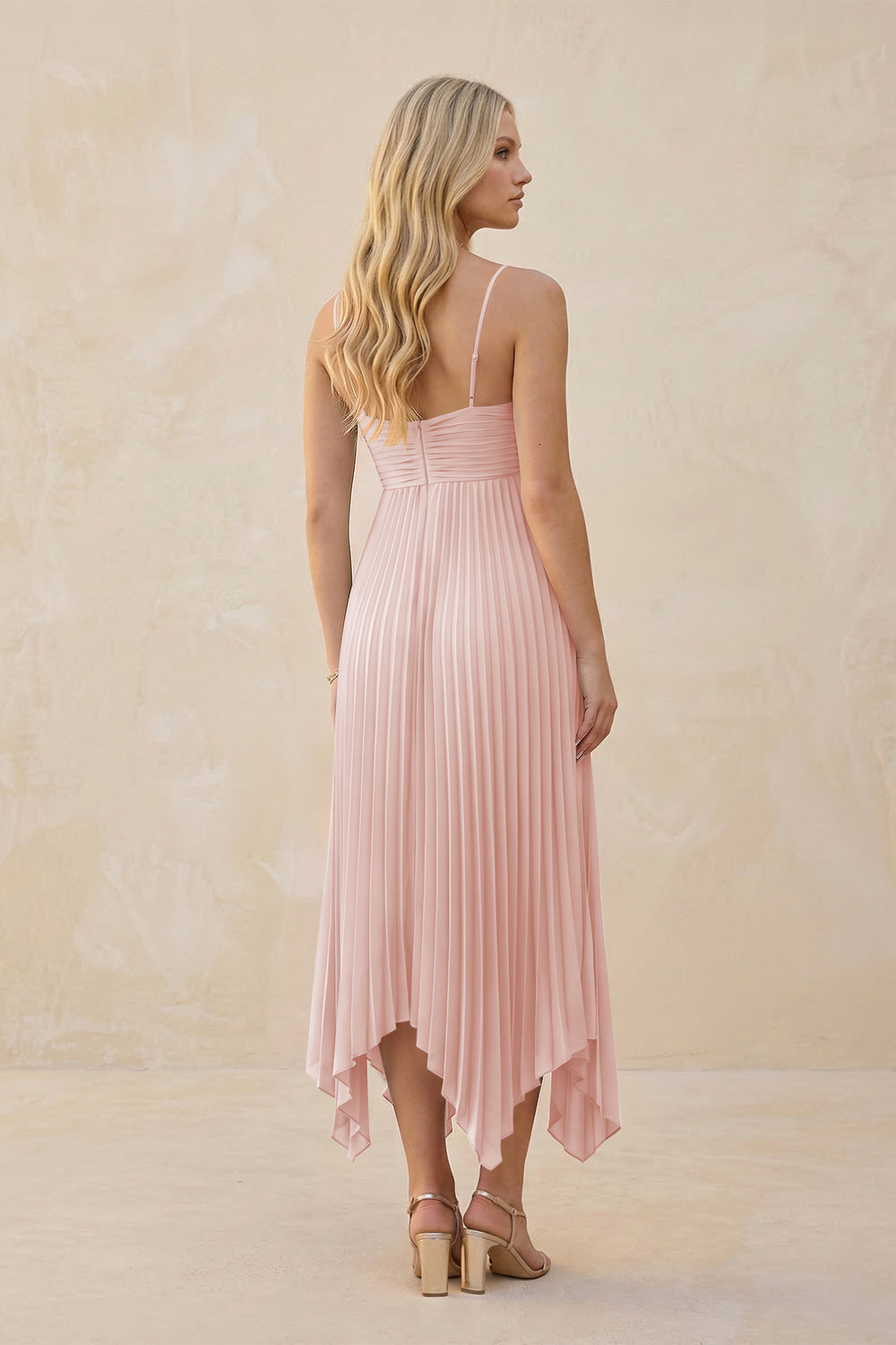 Spaghetti Strap Pleated A-Line Chiffon Midi Bridesmaid Dress in Rose Petal