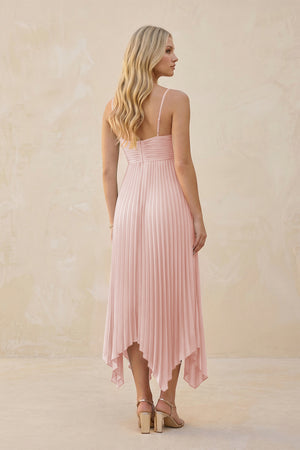 Spaghetti Strap Pleated A-Line Chiffon Midi Bridesmaid Dress in Rose Petal (2) | KISSBRIDAL