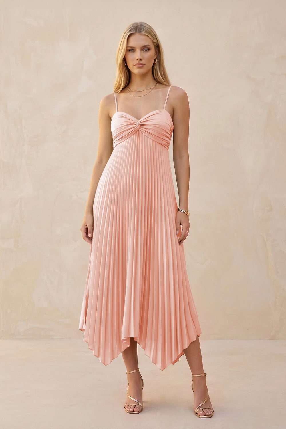 Spaghetti Strap Pleated A - Line Chiffon Midi Bridesmaid Dress in Rose Petal - KISS BRIDAL Bridesmaid Dresses