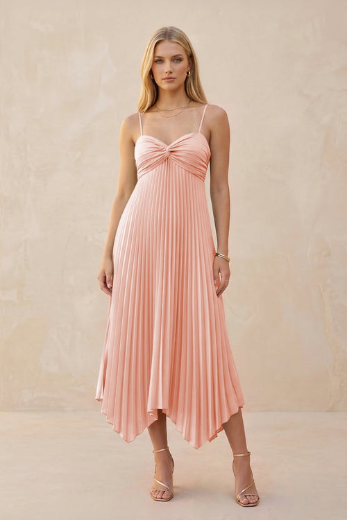 Spaghetti Strap Pleated A - Line Chiffon Midi Bridesmaid Dress in Rose Petal - KISS BRIDAL Bridesmaid Dresses
