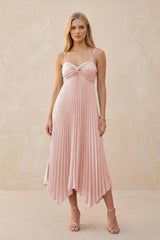 Spaghetti Strap Pleated A-Line Chiffon Midi Bridesmaid Dress in Rose Petal | KISSBRIDAL