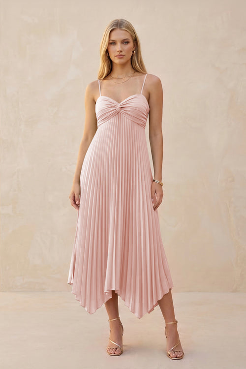 Spaghetti Strap Pleated A-Line Chiffon Midi Bridesmaid Dress in Rose Petal | KISSBRIDAL