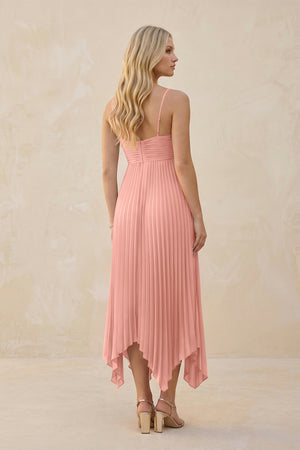 Spaghetti Strap Pleated A-Line Chiffon Midi Bridesmaid Dress in Rosette (2) | KISSBRIDAL
