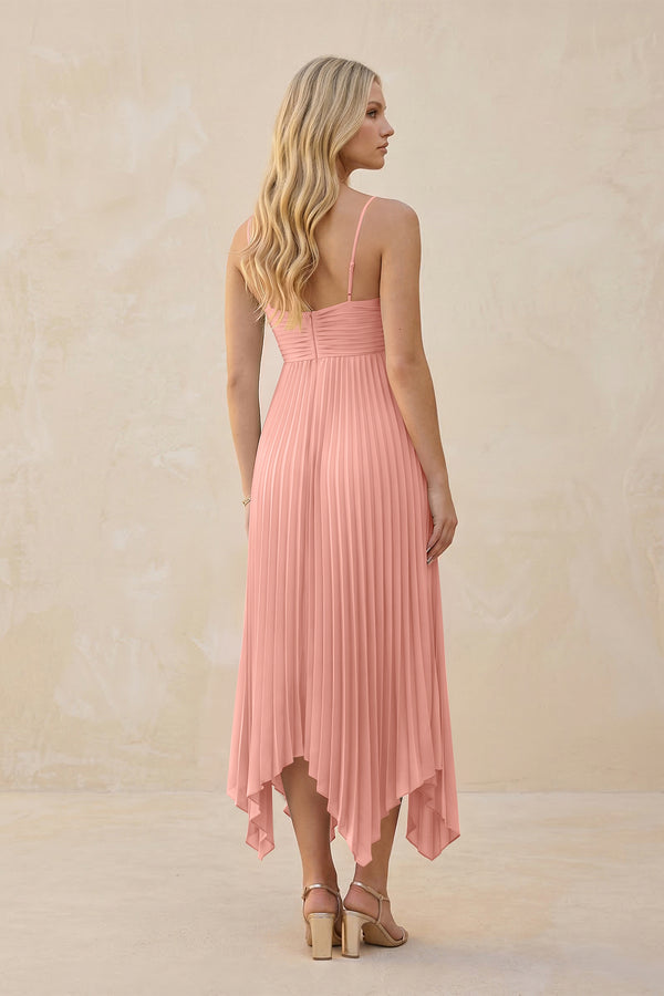 Spaghetti Strap Pleated A-Line Chiffon Midi Bridesmaid Dress in Rosette (2) | KISSBRIDAL