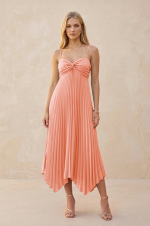 Spaghetti Strap Pleated A - Line Chiffon Midi Bridesmaid Dress in Rosette - KISS BRIDAL Bridesmaid Dresses