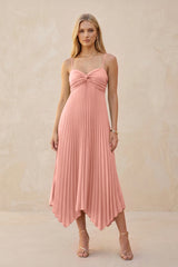 Spaghetti Strap Pleated A-Line Chiffon Midi Bridesmaid Dress in Rosette | KISSBRIDAL