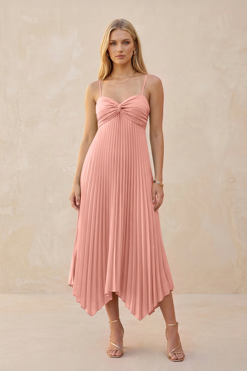 Spaghetti Strap Pleated A-Line Chiffon Midi Bridesmaid Dress in Rosette | KISSBRIDAL