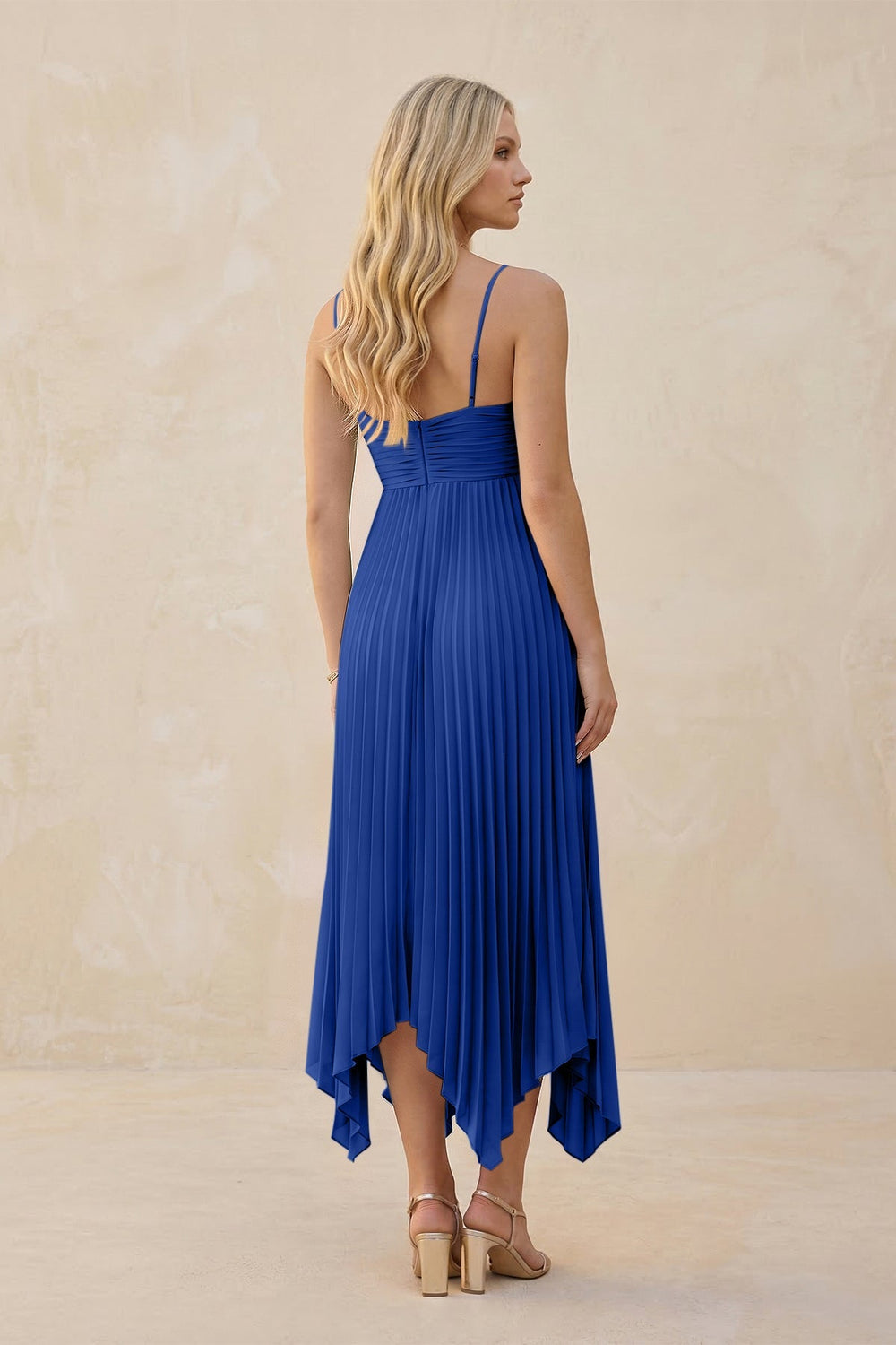 Spaghetti Strap Pleated A - Line Chiffon Midi Bridesmaid Dress in Royal Blue - KISS BRIDAL Bridesmaid Dresses