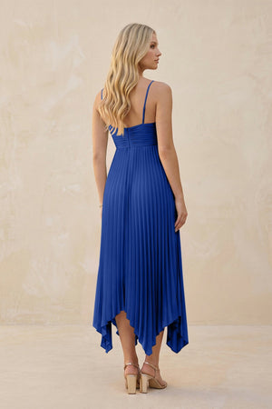 Spaghetti Strap Pleated A - Line Chiffon Midi Bridesmaid Dress in Royal Blue - KISS BRIDAL Bridesmaid Dresses