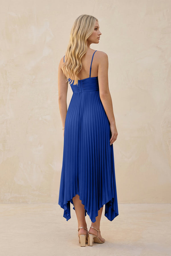Spaghetti Strap Pleated A - Line Chiffon Midi Bridesmaid Dress in Royal Blue - KISS BRIDAL Bridesmaid Dresses