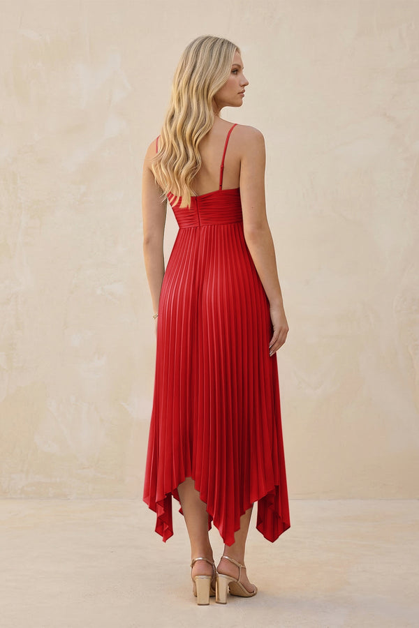 Spaghetti Strap Pleated A - Line Chiffon Midi Bridesmaid Dress in Ruby Red - SHE IS ME Bridesmaid Dresses