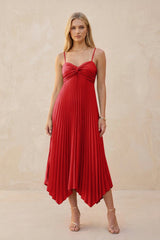 Spaghetti Strap Pleated A - Line Chiffon Midi Bridesmaid Dress in Ruby Red - KISS BRIDAL Bridesmaid Dresses