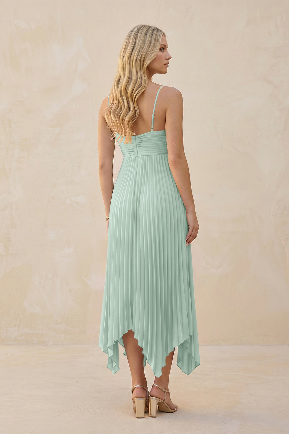 Spaghetti Strap Pleated A-Line Chiffon Midi Bridesmaid Dress in Sage