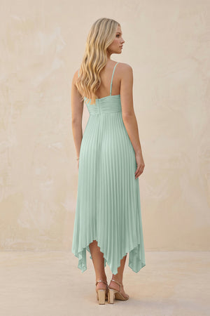 Spaghetti Strap Pleated A-Line Chiffon Midi Bridesmaid Dress in Sage (2) | KISSBRIDAL