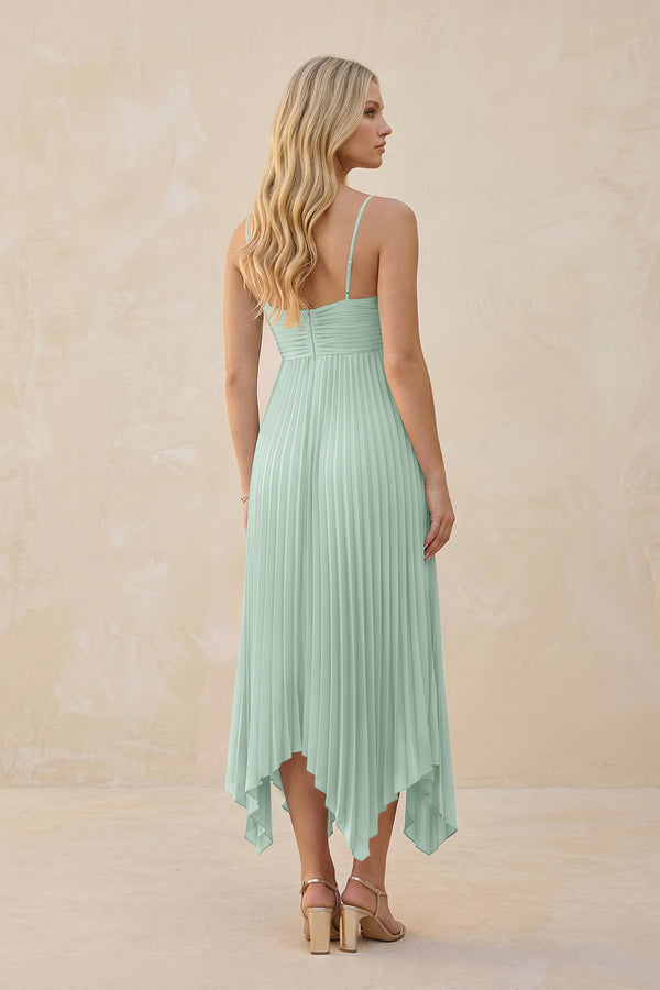 Spaghetti Strap Pleated A-Line Chiffon Midi Bridesmaid Dress in Sage (2) | KISSBRIDAL
